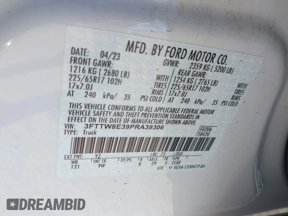 2023 Ford Maverick XL with VIN 3FTTW8E39PRA39306, listed as a IAAI auction lot 41476241 with 12,003 mi miles and . Bid and sale history available at DreamBid. Image 9.