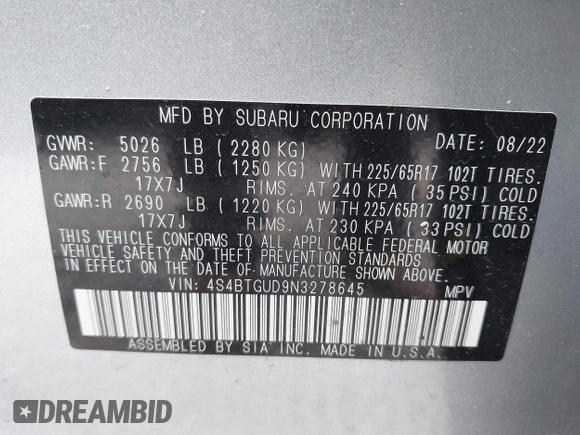 2022 Subaru Outback Wilderness z VIN 4S4BTGUD9N3278645, wystawiony jako IAAI lot #42563050 z przebiegiem 73 908 mil mil oraz . Historia ofert i sprzedaży dostępna na DreamBid. Obrazek 9.