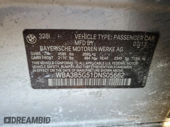 2013 BMW 3 Series 328i xDrive with VIN WBA3B5G51DNS05662, listed as a Copart auction lot 41979335 with 133,379 mi miles and Salvage Title. Bid and sale history available at carsss.com. Image 14.
