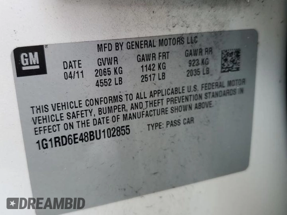 2011 Chevrolet Volt with VIN 1G1RD6E48BU102855, listed as a Copart auction lot 55128255 with 148,009 mi miles and Clean Title. Bid and sale history available at carsss.com. Image 12.