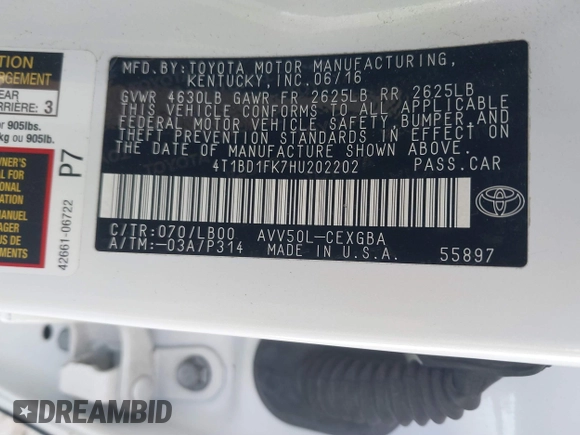 2017 Toyota Camry Hybrid LE with VIN 4T1BD1FK7HU202202, listed as a IAAI auction lot 41260595 with 114,278 mi miles. Bid and sale history available at carsss.com. Image 9.