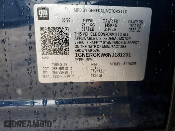 2022 Chevrolet Traverse LT Cloth with VIN 1GNERGKW6NJ181331, listed as a Copart auction lot 44864915 with 51,600 mi miles and Salvage title. Bid and sale history available at DreamBid. Image 13.