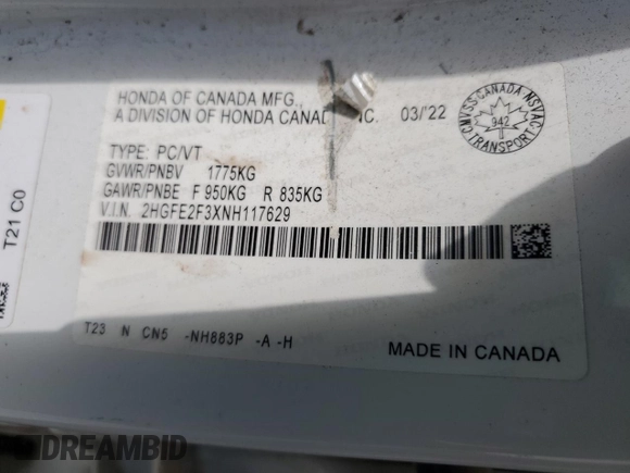 2022 Honda Civic EX with VIN 2HGFE2F3XNH117629, listed as a Copart auction lot 65165855 with 37,994 mi miles and Salvage title. Bid and sale history available at DreamBid. Image 12.