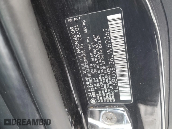 2006 BMW Z4 3.0i with VIN 4USBU33526LW69362, listed as a Copart auction lot 42297725 with 0 mi miles and Clean Title. Bid and sale history available at carsss.com. Image 14.