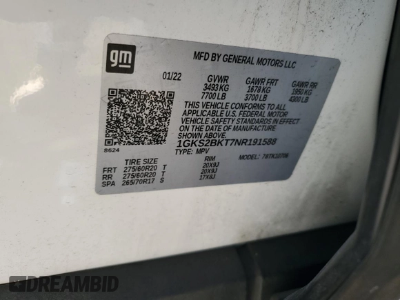 2022 GMC Yukon SLT with VIN 1GKS2BKT7NR191588, listed as a Copart auction lot 85650494 with 0 mi miles and Non Repairable. Bid and sale history available at carsss.com. Image 14.