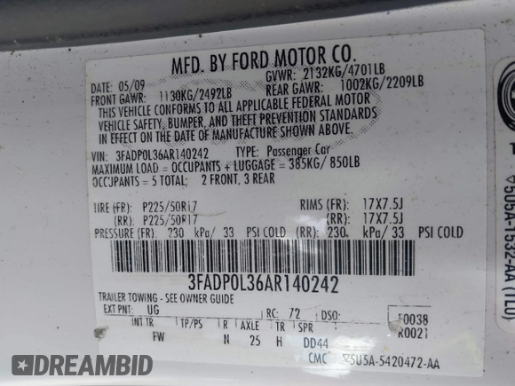 2010 Ford Fusion Hybrid with VIN 3FADP0L36AR140242, listed as a IAAI auction lot 41895012 with 236,943 mi miles and . Bid and sale history available at DreamBid. Image 9.