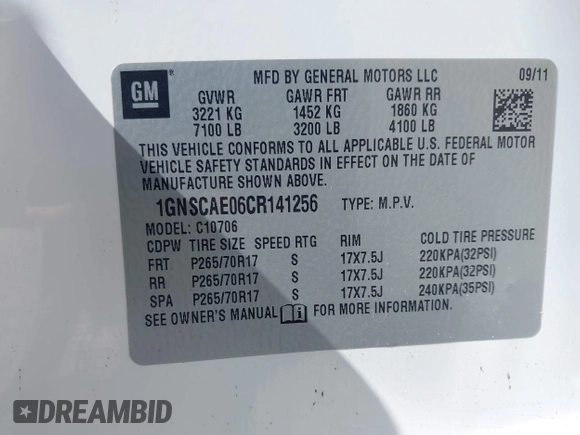 2012 Chevrolet Tahoe LS with VIN 1GNSCAE06CR141256, listed as a IAAI auction lot 41806708 with 105,984 mi miles and . Bid and sale history available at DreamBid. Image 9.