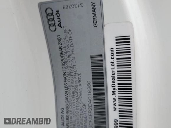 2013 Audi A5 Premium with VIN WAUCFAFR2DA018360, listed as a Copart auction lot 53254795 with Not provided miles and Salvage title. Bid and sale history available at DreamBid. Image 14.