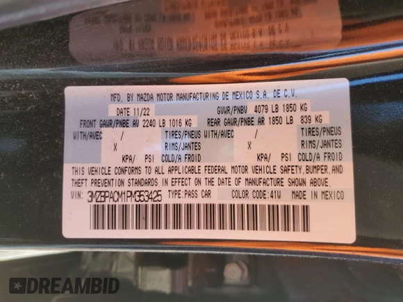 2023 Mazda 3 S Preferred with VIN 3MZBPACM1PM353425, listed as a Copart auction lot 86585444 with 19,024 mi miles and Clean Title. Bid and sale history available at DreamBid. Image 13.