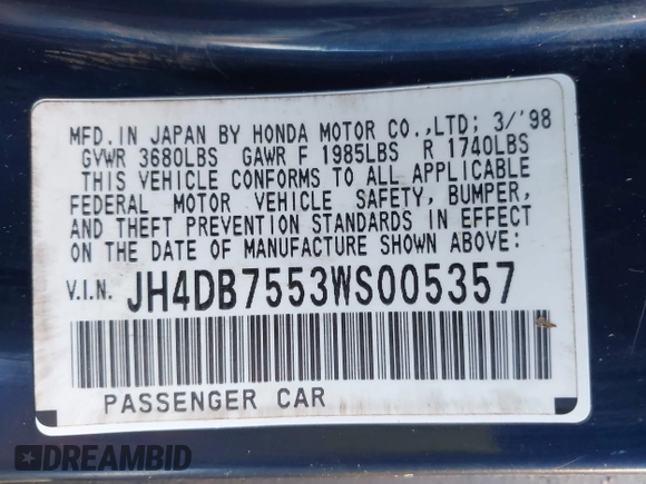 1998 Acura Integra with VIN JH4DB7553WS005357, listed as a IAAI auction lot 41387195 with 234,073 mi miles and . Bid and sale history available at DreamBid. Image 9.