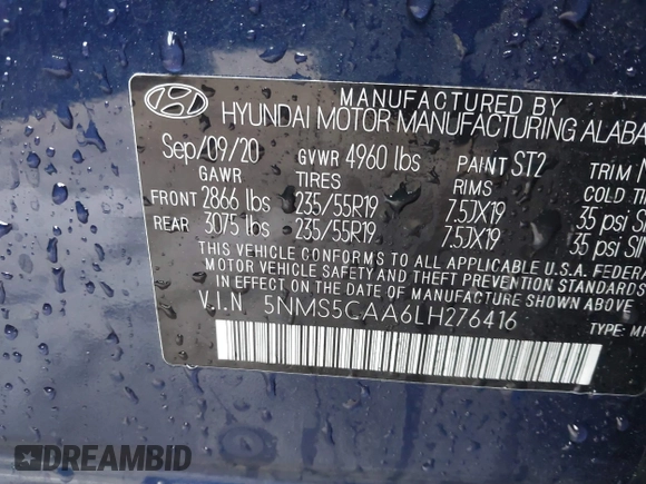 2020 Hyundai Santa Fe Limited with VIN 5NMS5CAA6LH276416, listed as a IAAI auction lot 41507669 with 54,887 mi miles. Bid and sale history available at carsss.com. Image 9.