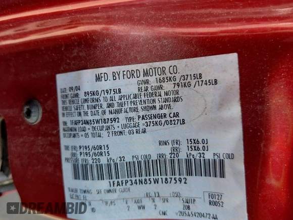 2005 Ford Focus S с VIN 1FAFP34N85W187592, выставлен на аукционе Copart как лот 64759925 с пробегом 27 051 миль миль и Чистый • Clean title. История ставок и продаж доступна на DreamBid. Изображение 12.