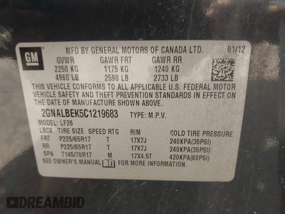 2012 Chevrolet Equinox LS with VIN 2GNALBEK5C1219683, listed as a IAAI auction lot 42242316 with 172,559 mi miles and . Bid and sale history available at DreamBid. Image 9.