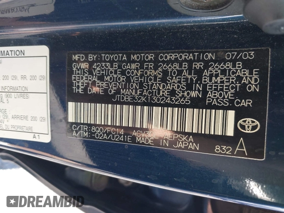 2003 Toyota Camry LE with VIN JTDBE32K130243265, listed as a IAAI auction lot 42145871 with Not Provided miles and . Bid and sale history available at DreamBid. Image 9.