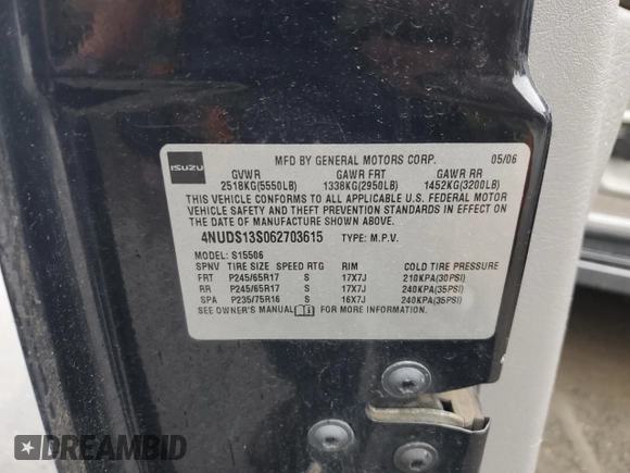 2006 Isuzu Ascender S с VIN 4NUDS13S062703615, выставлен на аукционе Copart как лот 57981165 с пробегом 104 464 миль миль и Списание • Salvage title. История ставок и продаж доступна на DreamBid. Изображение 14.