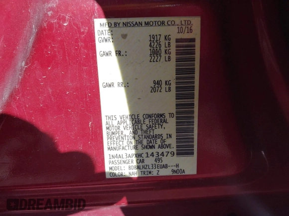 2017 Nissan Altima SR с VIN 1N4AL3APXHC143479, выставлен на аукционе IAAI как лот 42329830 с пробегом 159 960 миль миль и . История ставок и продаж доступна на DreamBid. Изображение 9.