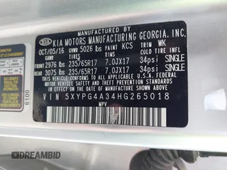 2017 Kia Sorento LX with VIN 5XYPG4A34HG265018, listed as a IAAI auction lot 42165365 with Not Provided miles. Bid and sale history available at carsss.com. Image 9.