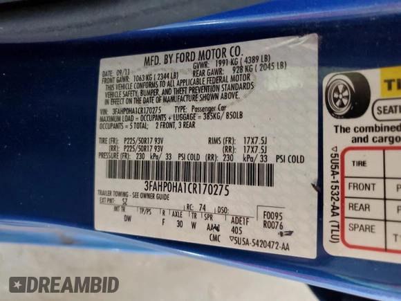 2012 Ford Fusion SE with VIN 3FAHP0HA1CR170275, listed as a Copart auction lot 53321175 with 30,070 mi miles and Salvage Title. Bid and sale history available at carsss.com. Image 14.