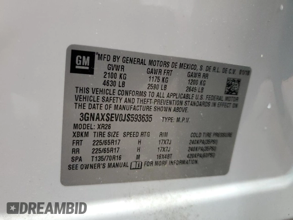 2018 Chevrolet Equinox LT z VIN 3GNAXSEV0JS593635, wystawiony jako Copart lot #59018125 z przebiegiem 72 772 mil mil oraz Szkoda całkowita • Salvage title. Historia ofert i sprzedaży dostępna na DreamBid. Obrazek 13.