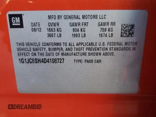 2013 Chevrolet Sonic LT with VIN 1G1JC6SH4D4108727, listed as a Copart auction lot 47113725 with 59,042 mi miles and Salvage Title. Bid and sale history available at carsss.com. Image 15.