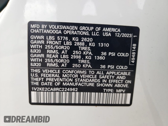 2024 Volkswagen Atlas SE with VIN 1V2KE2CA8RC224962, listed as a Copart auction lot 59100915 with 6,294 mi miles and Salvage title. Bid and sale history available at DreamBid. Image 13.