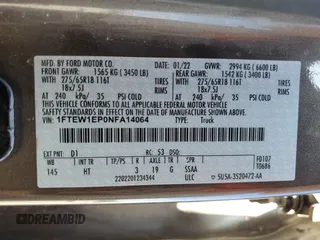 2022 Ford F-150 XL z VIN 1FTEW1EP0NFA14064, wystawiony jako Copart lot #53957515 z przebiegiem 58 918 mil mil oraz Szkoda całkowita • Salvage title. Historia ofert i sprzedaży dostępna na DreamBid. Obrazek 12.