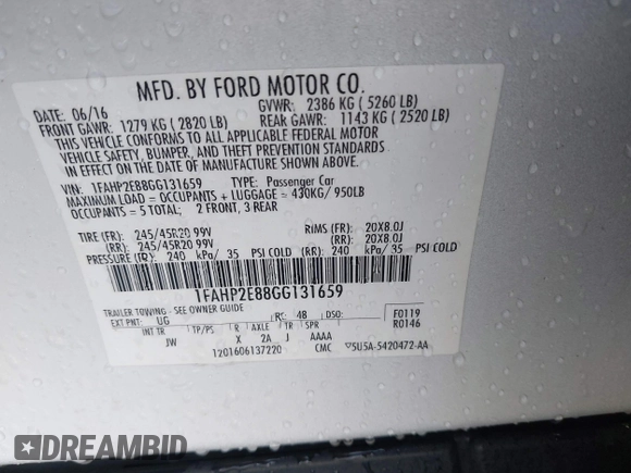 2016 Ford Taurus SEL with VIN 1FAHP2E88GG131659, listed as a IAAI auction lot 42205065 with 99,416 mi miles and . Bid and sale history available at DreamBid. Image 9.