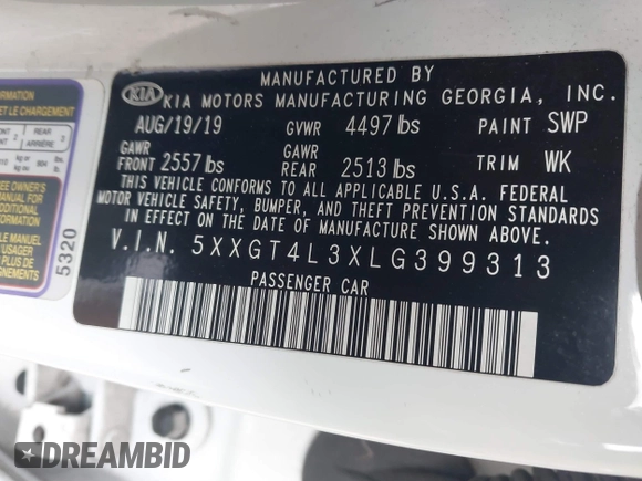 2020 Kia Optima LX with VIN 5XXGT4L3XLG399313, listed as a IAAI auction lot 41656479 with 82,960 mi miles. Bid and sale history available at carsss.com. Image 9.