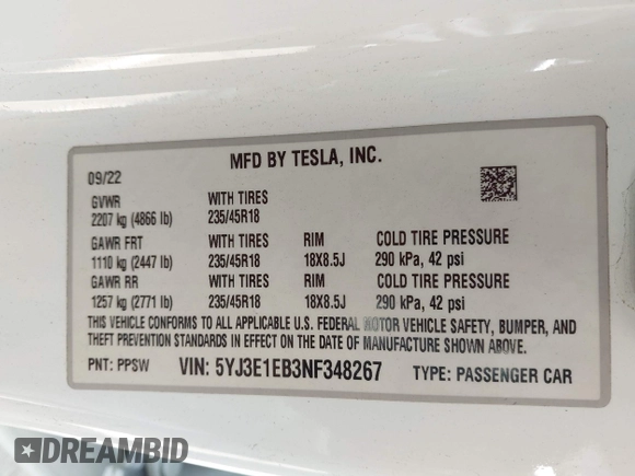 2022 Tesla Model 3 Long Range z VIN 5YJ3E1EB3NF348267, wystawiony jako IAAI lot #42323616 z przebiegiem Nie podano mil oraz . Historia ofert i sprzedaży dostępna na DreamBid. Obrazek 9.