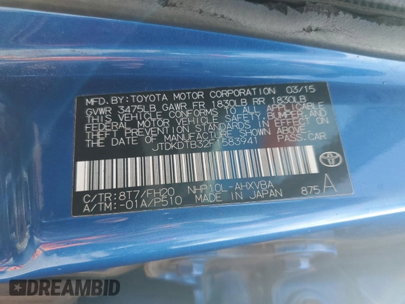 2015 Toyota Prius One with VIN JTDKDTB32F1583941, listed as a Copart auction lot 57300965 with 220,789 mi miles and Clean Title. Bid and sale history available at DreamBid. Image 12.