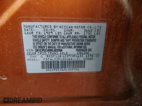 2021 Nissan Kicks SV with VIN 3N1CP5CV6ML502956, listed as a Copart auction lot 51616705 with 60,712 mi miles and Salvage Title. Bid and sale history available at carsss.com. Image 15.