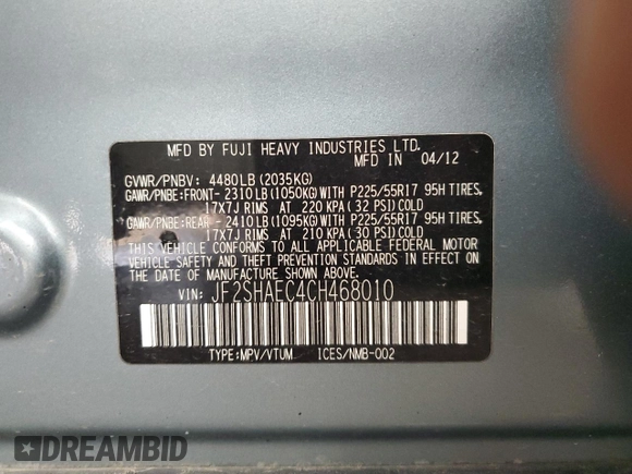 2012 Subaru Forester X Limited with VIN JF2SHAEC4CH468010, listed as a Copart auction lot 86992104 with 119,961 mi miles and Salvage title. Bid and sale history available at DreamBid. Image 14.