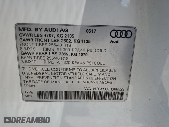 2018 Audi Q3 Premium Plus with VIN WA1HCCFS0JR008529, listed as a Copart auction lot 54701695 with 54,391 mi miles and Salvage title. Bid and sale history available at DreamBid. Image 13.