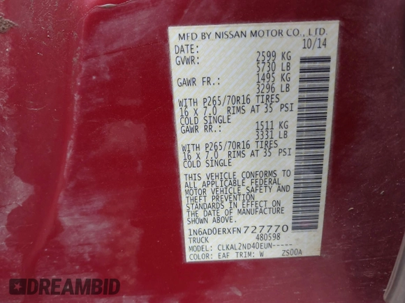 2015 Nissan Frontier SV with VIN 1N6AD0ERXFN727770, listed as a IAAI auction lot 41523526 with 129,964 mi miles and . Bid and sale history available at DreamBid. Image 9.