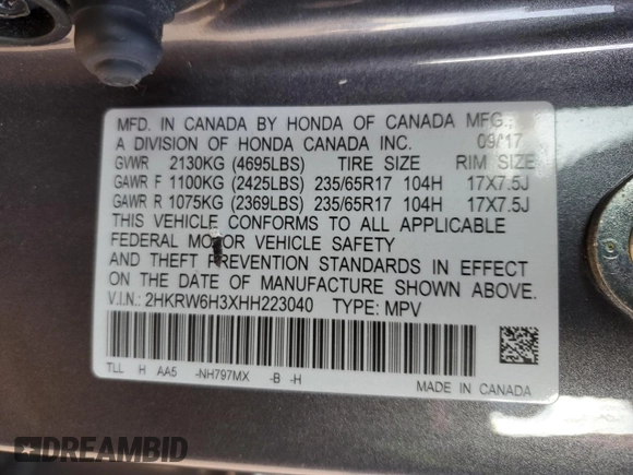 2017 Honda CR-V LX with VIN 2HKRW6H3XHH223040, listed as a Copart auction lot 46732605 with 0 mi miles and Salvage Title. Bid and sale history available at carsss.com. Image 15.