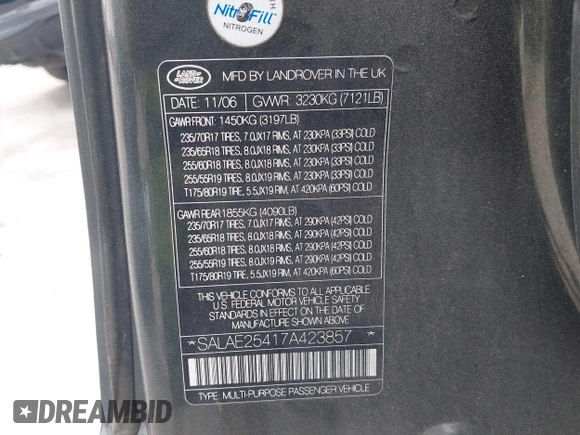 2007 Land Rover LR3 SE z VIN SALAE25417A423857, wystawiony jako IAAI lot #41988957 z przebiegiem 126 650 mil mil oraz . Historia ofert i sprzedaży dostępna na DreamBid. Obrazek 9.