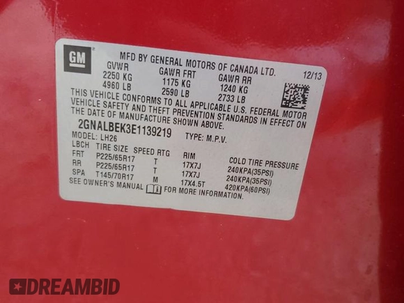 2014 Chevrolet Equinox LT with VIN 2GNALBEK3E1139219, listed as a Copart auction lot 52457165 with 165,566 mi miles and Salvage Title. Bid and sale history available at DreamBid. Image 13.