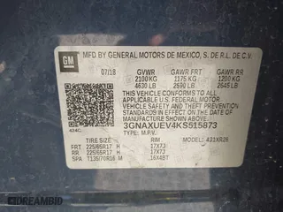 2019 Chevrolet Equinox LT with VIN 3GNAXUEV4KS515873, listed as a IAAI auction lot 40908452 with 114,803 mi miles. Bid and sale history available at carsss.com. Image 9.