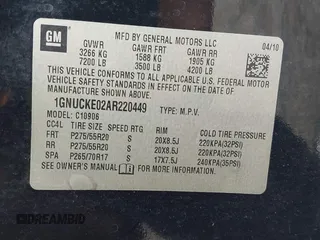 2010 Chevrolet Suburban LTZ with VIN 1GNUCKE02AR220449, listed as a IAAI auction lot 41665749 with 264,447 mi miles and . Bid and sale history available at DreamBid. Image 9.