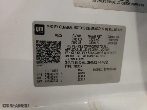 2022 GMC Sierra 1500 Limited SLT with VIN 3GTU9DEL3NG174472, listed as a Copart auction lot 72755834 with 78,288 mi miles and Salvage Title. Bid and sale history available at carsss.com. Image 12.