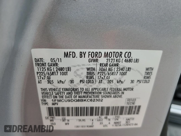 2011 Ford Escape XLT с VIN 1FMCU9DG8BKC62302, выставлен на аукционе Copart как лот 58240715 с пробегом 159 739 миль миль и Списание • Salvage title. История ставок и продаж доступна на DreamBid. Изображение 13.