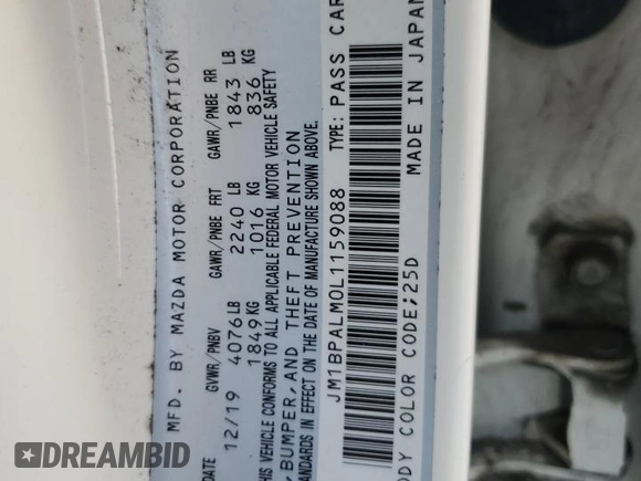 2020 Mazda Mazda3 Hatchback with VIN JM1BPALM0L1159088, listed as a Copart auction lot 78027024 with 38,701 mi miles and Salvage Title. Bid and sale history available at carsss.com. Image 12.