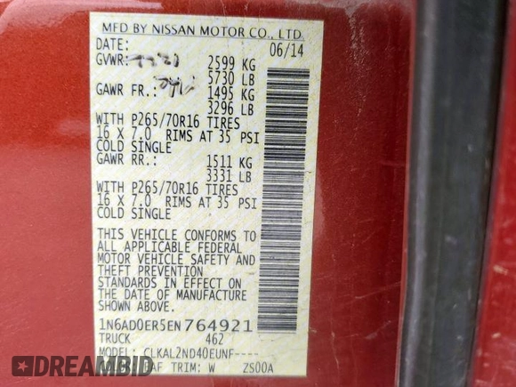 2014 Nissan Frontier SV with VIN 1N6AD0ER5EN764921, listed as a Copart auction lot 51390215 with 129,125 mi miles and Salvage title. Bid and sale history available at DreamBid. Image 12.