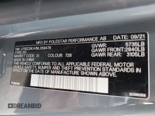 2022 Polestar 2 z VIN LPSED3KA1NL059476, wystawiony jako IAAI lot #42034791 z przebiegiem Nie podano mil oraz . Historia ofert i sprzedaży dostępna na DreamBid. Obrazek 9.
