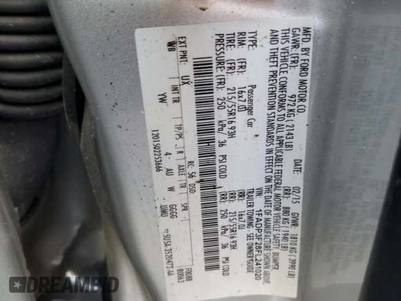 2015 Ford Focus SE with VIN 1FADP3F28FL241020, listed as a Copart auction lot 54559135 with 123,008 mi miles and Salvage title. Bid and sale history available at DreamBid. Image 12.