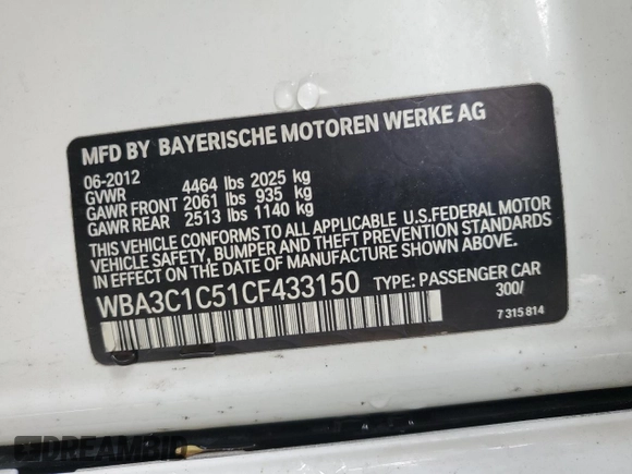2012 BMW 3 Series 328i с VIN WBA3C1C51CF433150, выставлен на аукционе Copart как лот 52412865 с пробегом Не указан миль и Списание • Salvage title. История ставок и продаж доступна на DreamBid. Изображение 12.