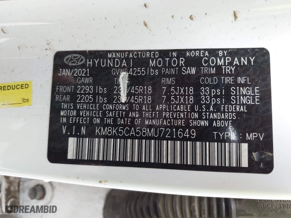 2021 Hyundai Kona Ultimate with VIN KM8K5CA58MU721649, listed as a IAAI auction lot 41215632 with 1 mi miles. Bid and sale history available at carsss.com. Image 9.