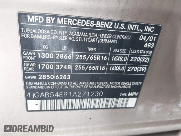 2001 Mercedes-Benz M 320/430/500 with VIN 4JGAB54E91A271230, listed as a IAAI auction lot 41519970 with 229,773 mi miles and . Bid and sale history available at DreamBid. Image 9.