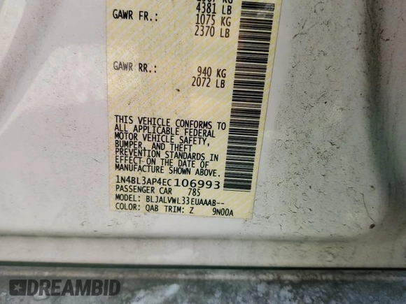 2014 Nissan Altima SL with VIN 1N4BL3AP4EC106993, listed as a Copart auction lot 72943464 with 75,911 mi miles and Salvage Title. Bid and sale history available at DreamBid. Image 12.