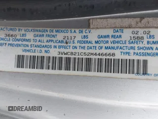 2002 Volkswagen Beetle GLS with VIN 3VWCB21C52M446668, listed as a IAAI auction lot 42510792 with 205,712 mi miles and . Bid and sale history available at DreamBid. Image 9.